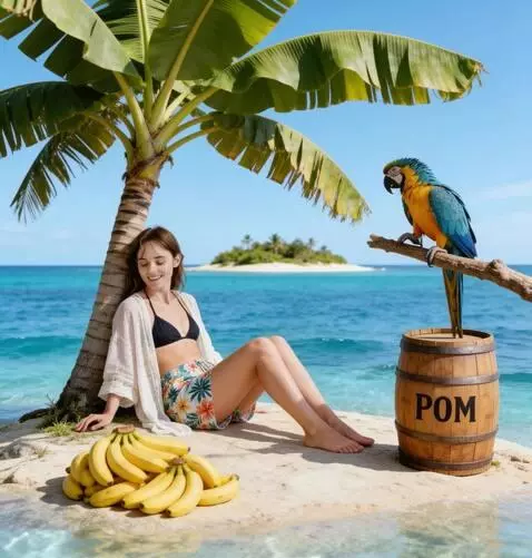 AI Video from prompt: the girl leans her head against the palm tree an