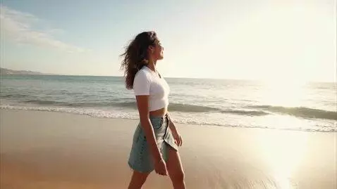 AI Video from prompt: Make a video of a woman in a denim skirt and bik