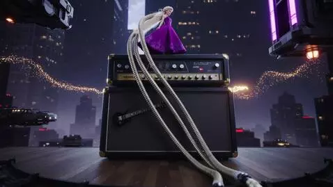 AI Video from prompt: Rapunzel in a flowing purple dress, standing ato