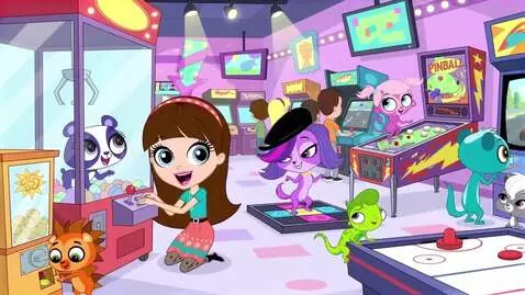 AI Video from prompt: Blythe Baxter and her pets at the indoor arcade.