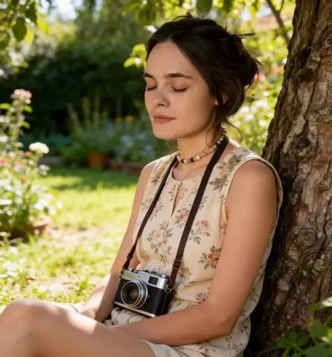 AI Video from prompt: the girl leans her head against the tree, closes
