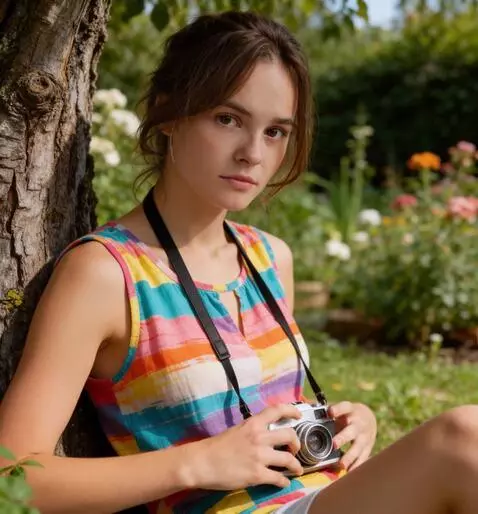 AI Video from prompt: the girl takes the camera with both hands and st