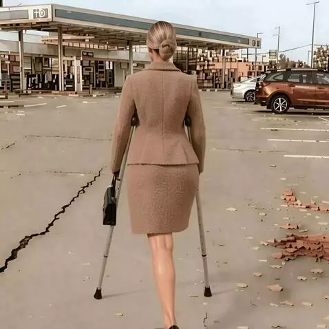 AI Video from prompt: The camera shoots a one-legged woman on crutches