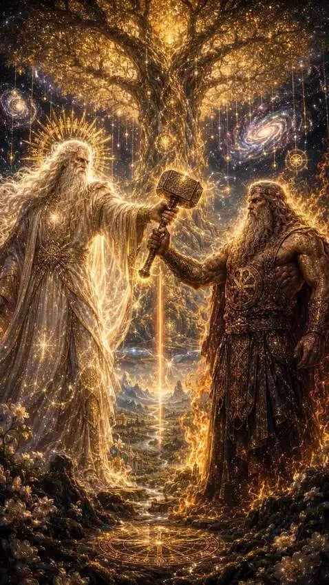 AI Video from prompt: Cinematic divine scene beneath the World Tree. R