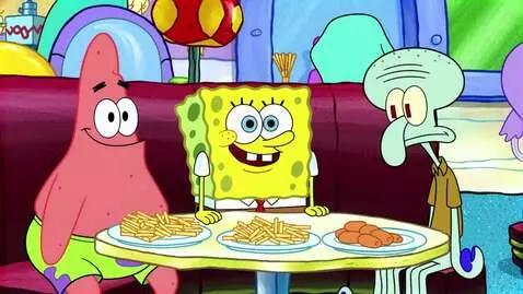 AI Video from prompt: SpongeBob with French fries on a plate, Patrick 