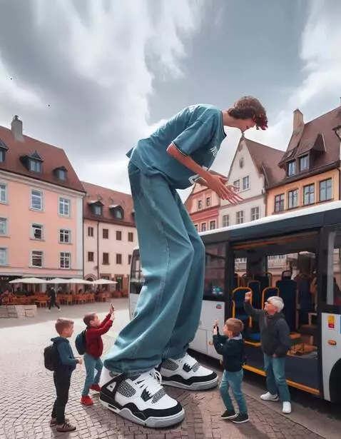 AI Video from prompt: The tallest boy slowly gets on the bus, but sinc