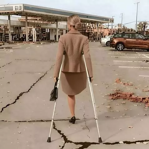 AI Video from prompt: A very beautiful one-legged woman walks slowly a