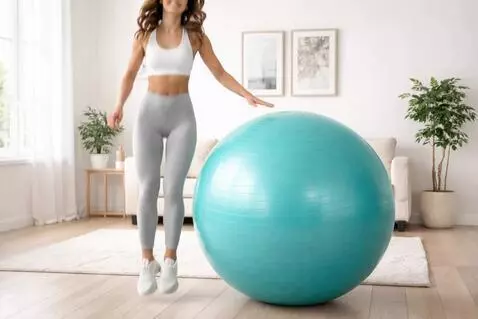 AI Video from prompt: The girl sits on top of a turquoise fitball, and