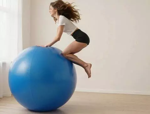 AI Video from prompt: The girl quickly sits on top of the blue ball an