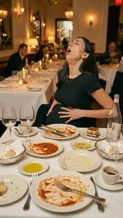 AI Video from prompt: A woman is eating way too much at a restaurant a
