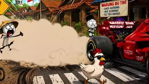 AI Video from prompt: Formula 1 car surrounded by village obstacles in