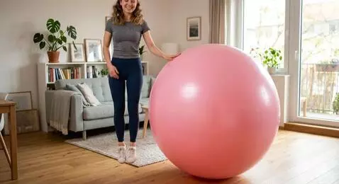 AI Video from prompt: The girl sits on top of the pink fitball and the