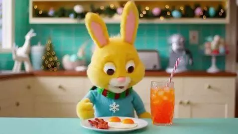 AI Video from prompt: Realistic Yellow Bunny Puppet a Plate Of Eating 