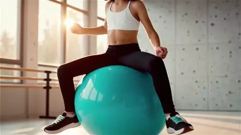 AI Video from prompt: The girl sits on top of a huge turquoise fitball