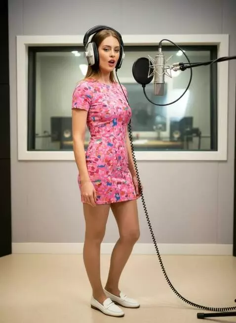 AI Video from prompt: A woman is actively singing in a recording studi