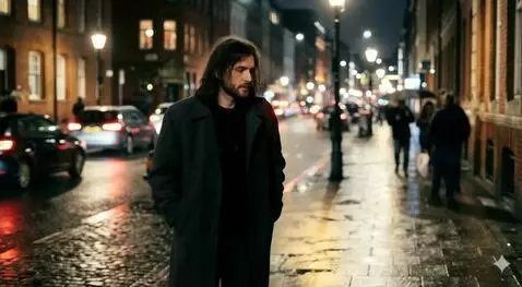 AI Video from prompt: sad man long hier in black clotahed cold night w