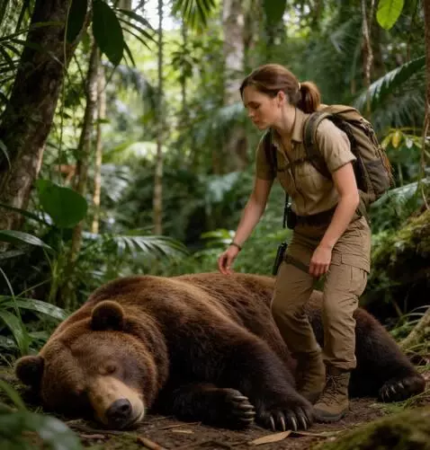 AI Video from prompt: the girl sits down and tries to wake up the bear