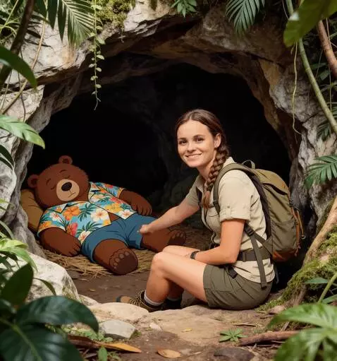 AI Video from prompt: the girl is pushing the bear by the leg to wake 