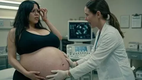 AI Video from prompt: A pleased doctor examines a worried pregnant wom