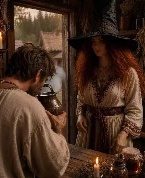 AI Video from prompt: A witch girl is handing a cold drink to a peasan