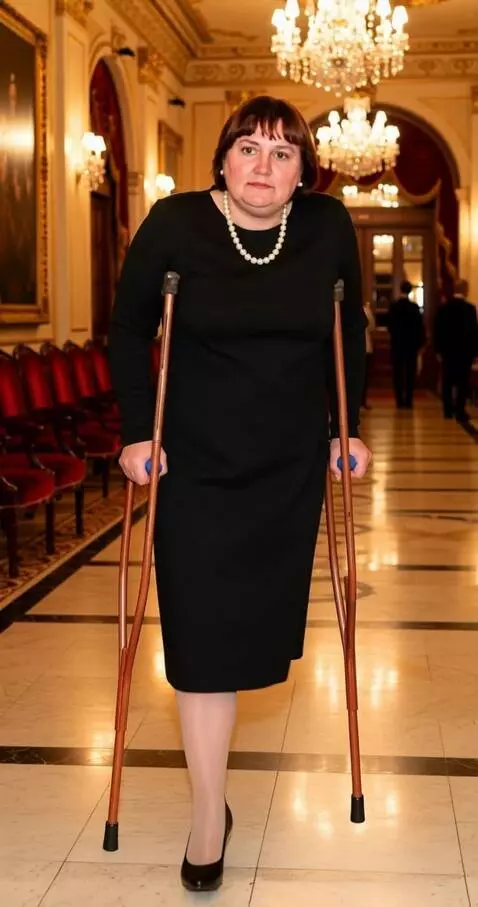 AI Video from prompt: The camera shoots a one-legged woman on crutches