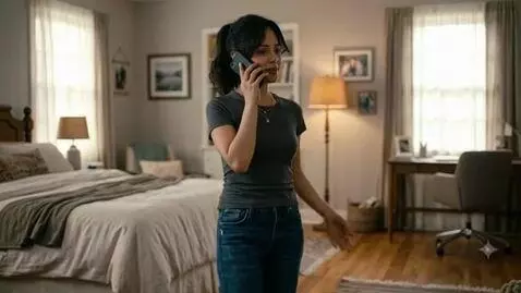 AI Video from prompt: An American woman is walking around her room tal