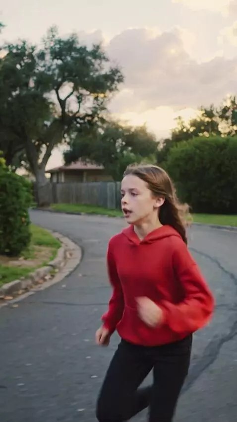 AI Video from prompt: A 25-year-old girl runs along the roads and a gi