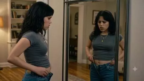 AI Video from prompt: An American woman examines herself in the mirror