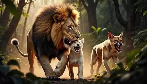 AI Video from prompt: A powerful male lion snatching a small puppy fro