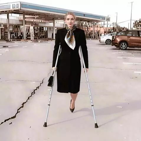 AI Video from prompt: A very beautiful one-legged woman on crutches st