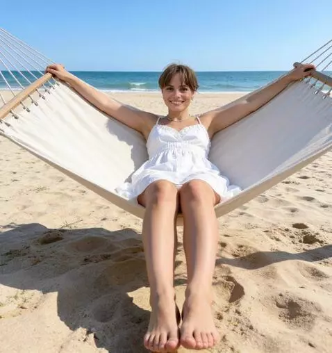 AI Video from prompt: the girl is swinging in the hammock and wiggling