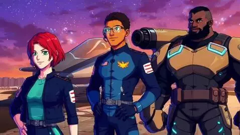 AI Video from prompt: phoenix 8 bit american anime military vs aliens 