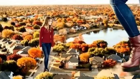 AI Video from prompt: A gigantic young woman, wearing a red shirt and 