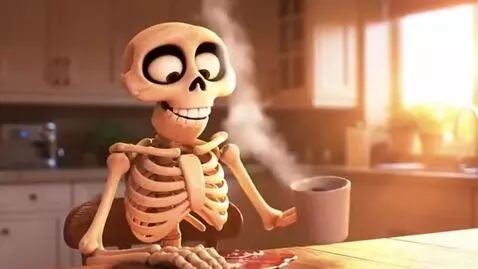 AI Video from prompt: Skelly pours hot coffee into his mouth, but it f