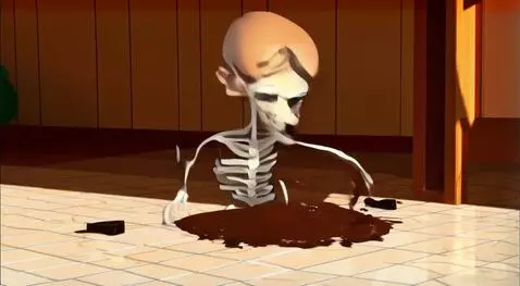 AI Video from prompt: Skelly pours hot coffee into his mouth, but it f