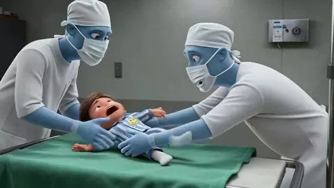 AI Video from prompt: Ghostly surgeons try to put a ten-year-old patie