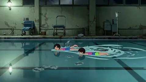 AI Video from prompt: Children swim in the pool of an abandoned hospit