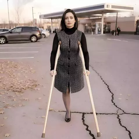 AI Video from prompt: A one-legged woman walks slowly toward the camer