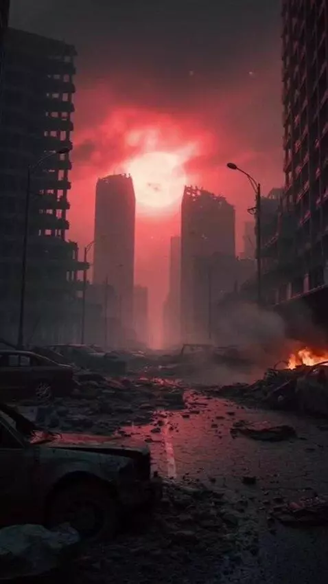 AI Video from prompt: a red sun barely visible through the fog, above 