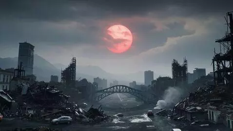 AI Video from prompt: a red sun barely visible through the fog, above 