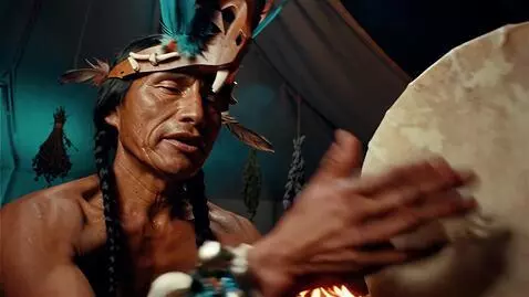 AI Video from prompt: Medium close‑up, shaman’s face half‑hidden by a 