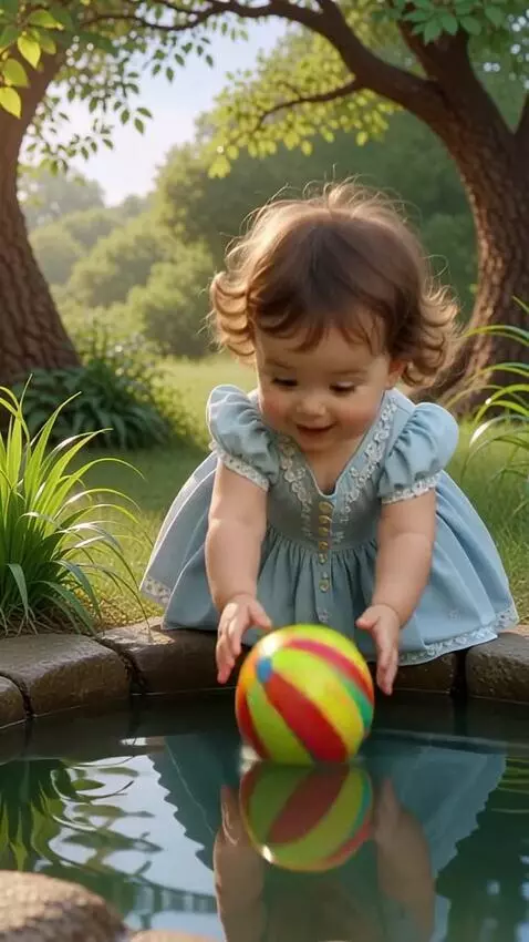 AI Video from prompt: A cute toddler is standing beside a small pond, 