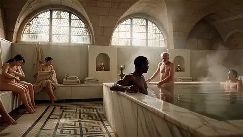 AI Video from prompt: medieval bath house scene featuring nudism