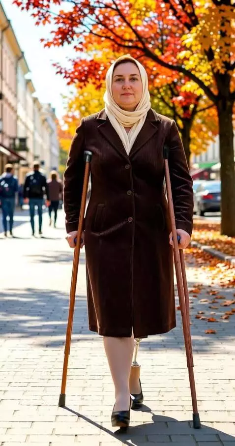 AI Video from prompt: The camera shoots a one-legged woman on crutches