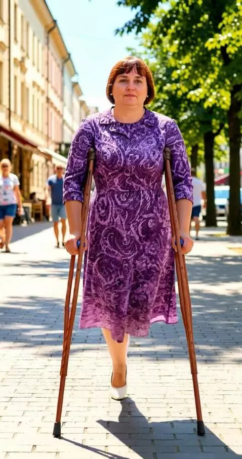 AI Video from prompt: The camera shoots a one-legged woman on crutches