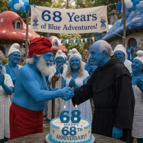 AI Video from prompt: Hyperrealistic humanized Smurfs celebrating thei