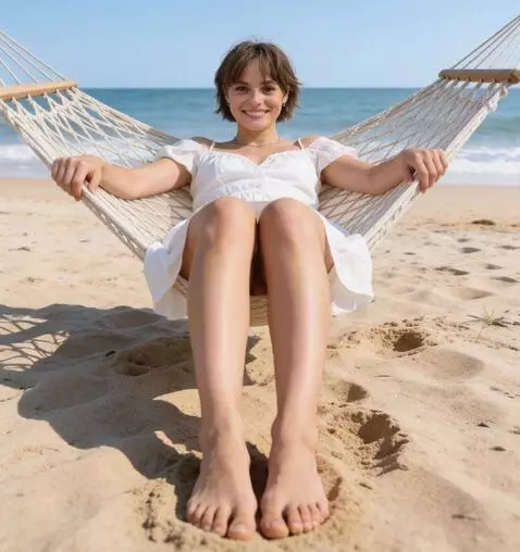 AI Video from prompt: the girl is swinding on the hammock, and her leg