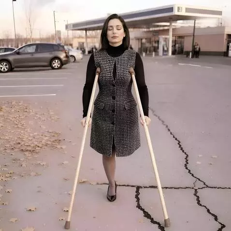 AI Video from prompt: A one-legged woman walks unhurriedly toward the 