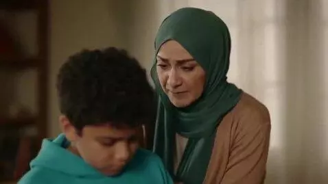 AI Video from prompt: A realistic Arab mother angrily holding her 10-y