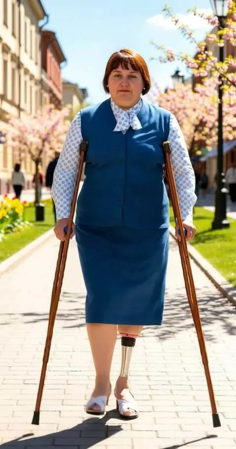 AI Video from prompt: The camera shoots a one-legged woman on crutches